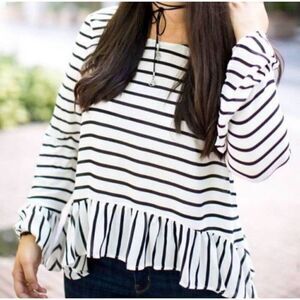 A.N.A A NEW APPROACH BLACK & WHITE STRIPE RUFFLE BLOUSE SZ.M NWT.